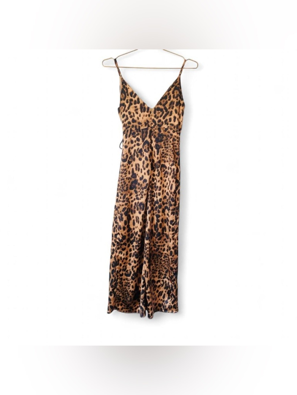 Y2K Leopard Print Satin Wrap Midi Dress – Tie Waist Slip Dress (S)